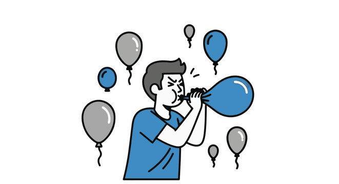 Man Blowing Up Balloon With Floating Balloons