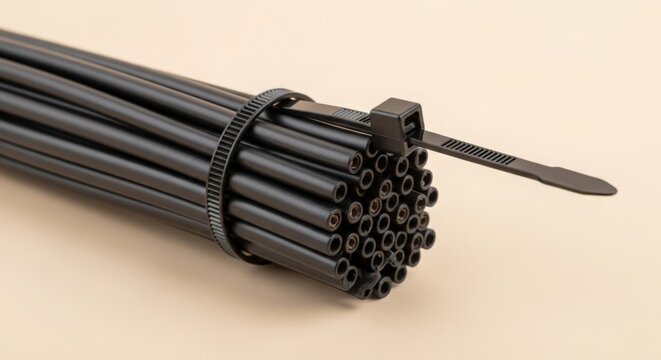 Bundle of black plastic tubes secured with zip tie on beige background. Tubes feature smooth surfaces and round openings, suitable for various projects and applications. Ideal for crafting,