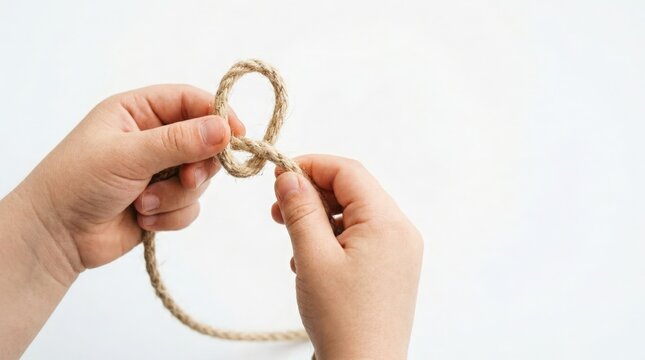 Hands tying knot with rope during crafting process, demonstrating step-by-step method for knot creation. Knot tying involves intricate movements and careful handling for effective results.