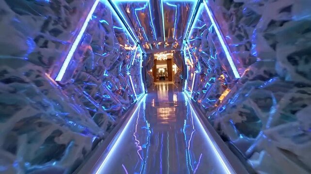 Futuristic neon hallway with crystal walls and glowing blue lights. Modern interior corridor creates immersive tunnel experience stylish architecture with reflective surfaces and luxury design concept