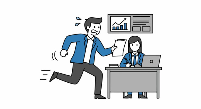 Frantic Businessman Rushing to Present Documents at Office