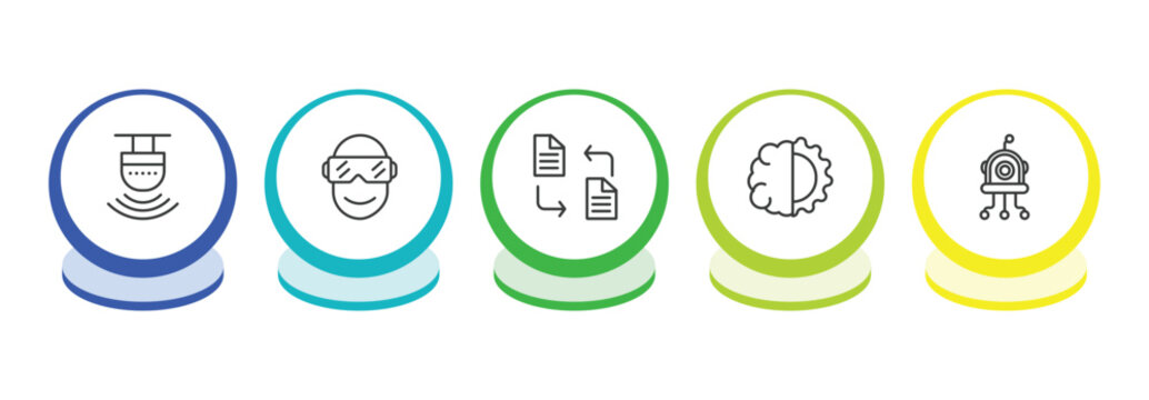 artificial intellegence outline icon set. thin line motion sensor, oculus rift, file transfer, deformity icons. editable vector