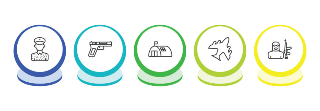 army outline icon set. thin line conscription, , bunker, plane icons. editable vector