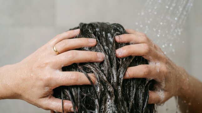 Hair washing process with person applying shampoo to long hair under shower stream. Hair washing routine involves thorough cleansing and nourishing treatment for healthy appearance.