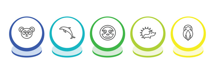 animals outline icon set. thin line panda bear, dolphin jumping, sloth, hedgehog icons. editable vector © Farahim