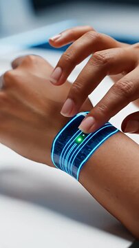 Hand applying a transparent medical sensor to a wrist.