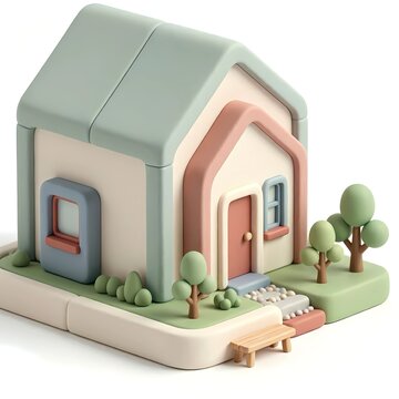 minimalist 3D clay style illustration of a modern house, tiny green garden with stylized trees, soft morandi pastel colors