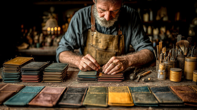 shoemaker stitching leather wallet by hand