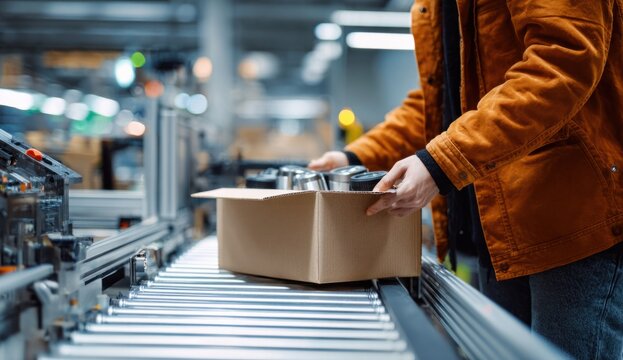 Hands opening a cardboard box on conveyor belt in packaging facility, showing industrial setting and labor activity