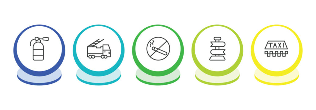 airport terminal outline icon set. thin line extinguisher, emergency truck, no smoking, direction post icons. editable vector
