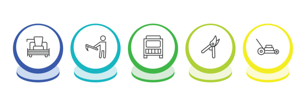 agriculture farming outline icon set. thin line combine harvester, farmer hoeing, composter, pruners icons. editable vector