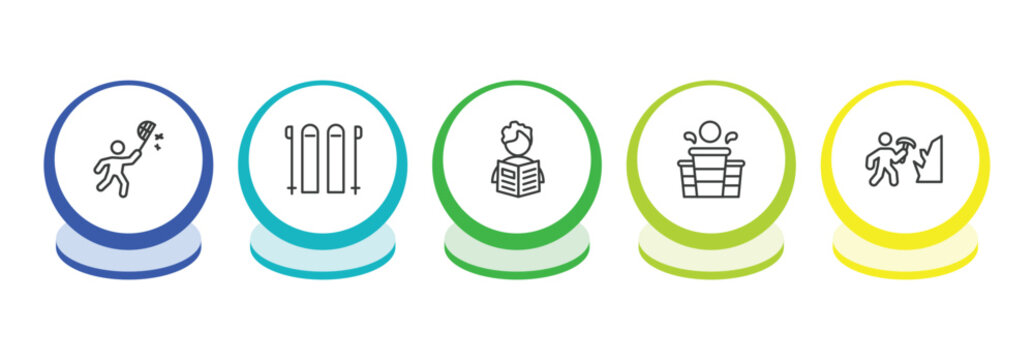 activity and hobbies outline icon set. thin line insect collecting, skii, newspaper readign, beer pong icons. editable vector