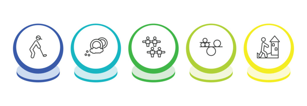 activity and hobbies outline icon set. thin line golf playing, dish washing, foosball, balancing icons. editable vector