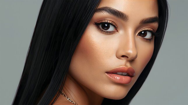 beautiful woman model with black shiny hair