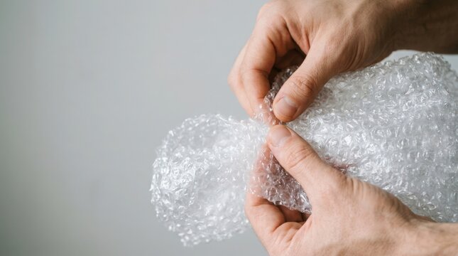 Close-up of hands popping bubble wrap for stress relief and sensory enjoyment. Popping bubble wrap provides tactile engagement and fun.