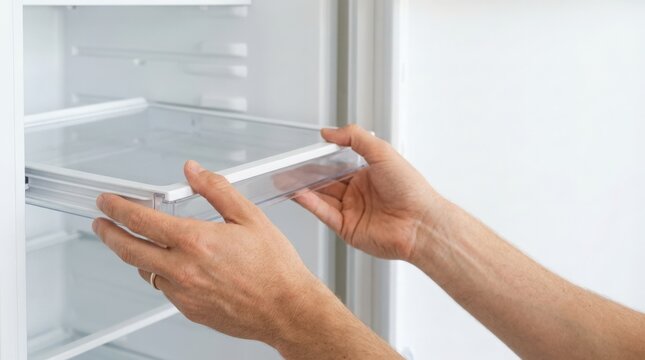 Hands removing shelf from refrigerator for cleaning and maintenance. Refrigerator shelf is being taken out for thorough cleaning and organization. Concept for home maintenance and kitchen hygiene.