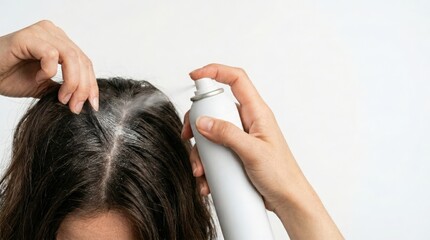 Fototapeta premium Hair styling with dry shampoo applied to roots for fresh look. Dry shampoo enhances hair volume while covering greasy roots for a healthier appearance.