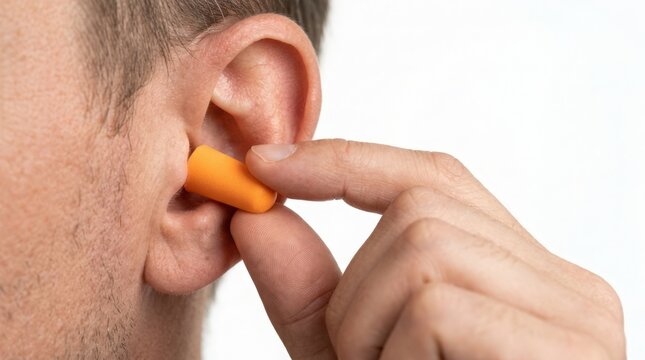 Man inserting orange earplugs into ear for noise reduction and hearing protection. Wearing earplugs helps improve focus in loud environments and supports better sleep quality.