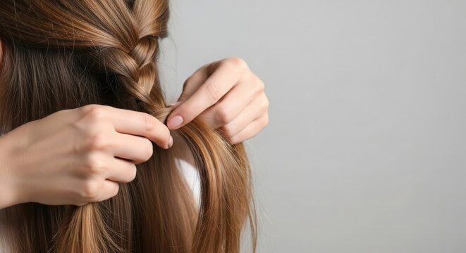 Woman braiding long hair with delicate fingers and creating a beautiful hairstyle. Hair styling process shows intricate details, with braided strands highlighted in natural light.