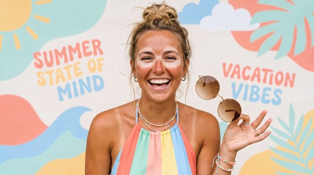 Smiling woman showing white tan lines around eyes from sunglasses