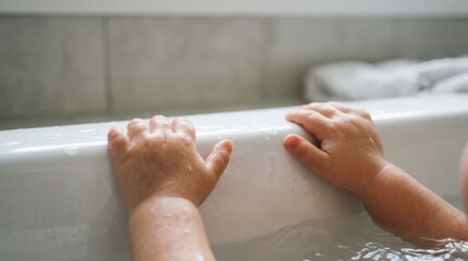Fototapeta premium Child's hands playing in bathtub with water splashes, enjoying warm bath time experience. Bathtub scene captures joyful moment with little hands gripping edge amidst bubbles and water reflections.