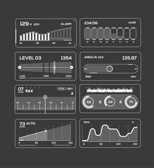 Fototapeta premium Sci-fi interface dashboard assets with progress bars and technical graphs for gaming UI
