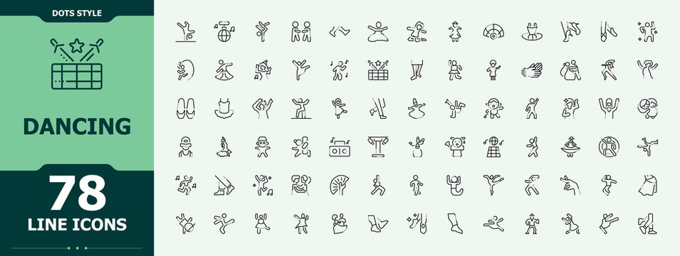 Dancing linear icon collection. Modern vector illustration. Included entertainment, dancer, party, dance, hip hop, disco. Editable stroke. Pixel Perfect. Hip Hop icon set.