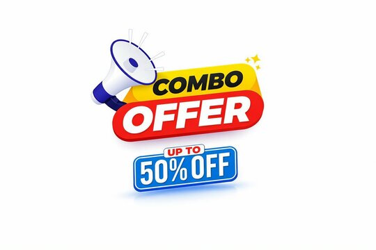 Bright combo offer discount sale banner with megaphone graphic up to fifty percent off