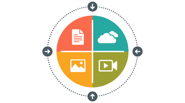 Infographic icons, media symbols, cloud storage, workflow cycle