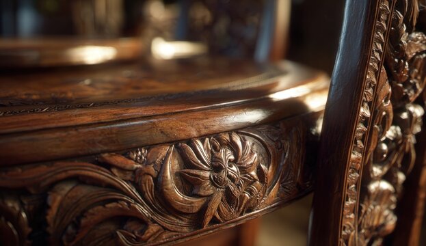 Intricately carved wooden dining table showcasing detailed floral and scroll motifs with rich textured finish