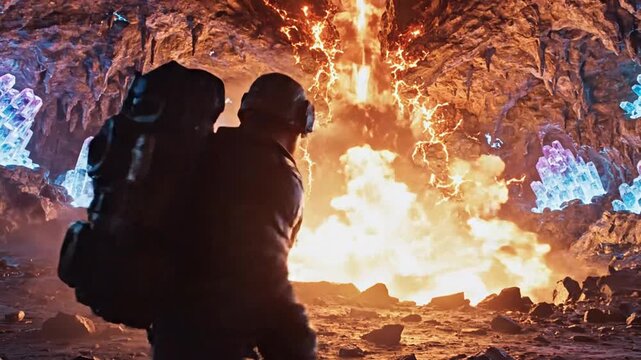 Explorer in volatile glowing crystal cave with fiery explosion