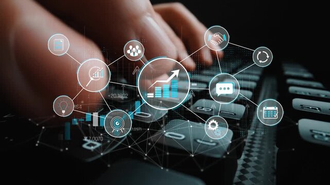 Hands Typing on Keyboard with Business and Technology Icons Representing Digital Communication and Data Analysis Concepts Sigmoid