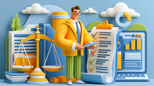 Professional man with legal scales, checklist, folders, and computer screen on blue and yellow background. Suitable for legal themed design projects.