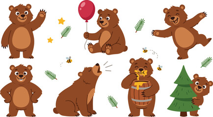 Fototapeta premium Cute Grizzly Brown Bear Character Vector Illustration Set Featuring Waving Hand, Holding Red Balloon, Dancing, Howling, Eating Honey from Barrel, and Peeking behind Pine Tree