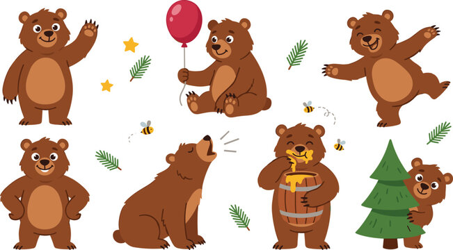 Cute Grizzly Brown Bear Character Vector Illustration Set Featuring Waving Hand, Holding Red Balloon, Dancing, Howling, Eating Honey from Barrel, and Peeking behind Pine Tree