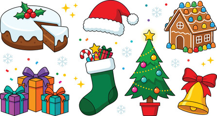 Fototapeta premium Christmas Holiday Celebration Element Vector Illustration Set Featuring Iced Fruitcake, Santa Hat, Decorated Gingerbread House, Gift Boxes, Stuffed Stocking, Tree, and Golden Bell