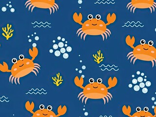 Fototapeta premium Cute cartoon crab pattern on dark blue, with bubbles, seaweed, and waves