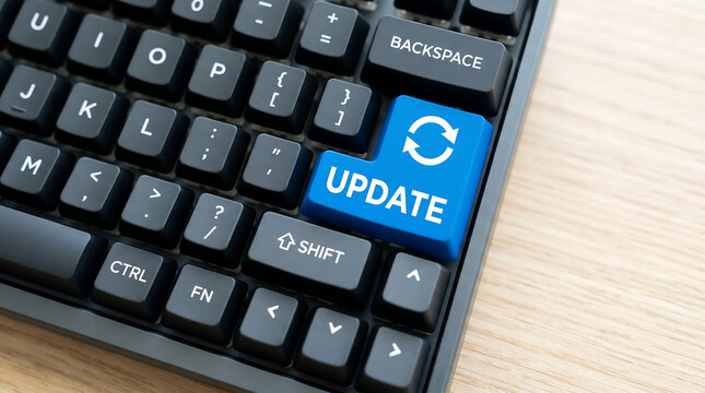 Computer keyboard with blue update button, close-up, technology concept, office equipment