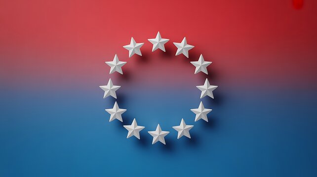 Circle of white stars on vertically divided red and blue background representing political dynamics with united states political election division republican democrat government background