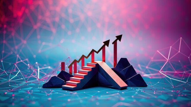 Abstract steps ascend toward rising arrows. Background features geometric network, vibrant pinks, blues. Represents growth, progress, success.