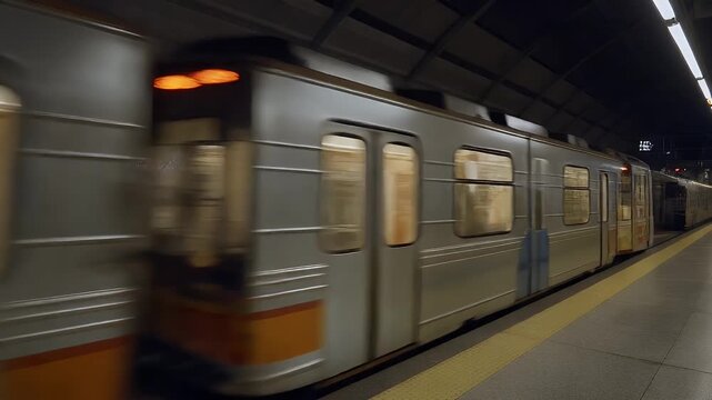 A blurred silver train speeding through a dimly lit subway station with bright orange interior lights visible through the windows