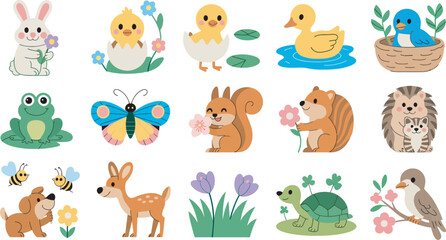 Fototapeta premium Charming collection of cute cartoon animals in a spring meadow setting, perfect for children’s illustrations and playful design projects, adorable nature characters, colorful vector illustration 