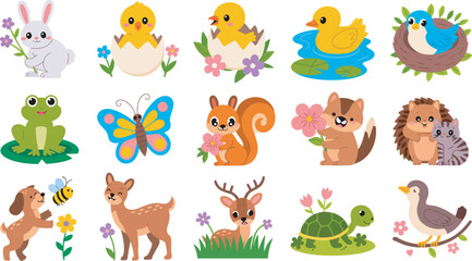 Obraz premium Cute cartoon animals vector illustration collection in a spring meadow setting, charming woodland and farm inspired characters, perfect for children’s books, nursery designs