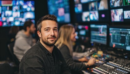 Fototapeta premium Man working at sound mixing console in a professional audio control room with multiple monitors and equipment