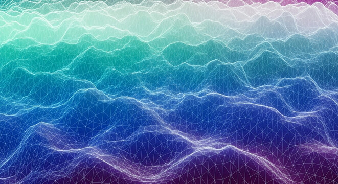 Abstract digital landscape of flowing geometric mesh topography rendered in vibrant neon gradient hues, creating a futuristic, otherworldly terrain.