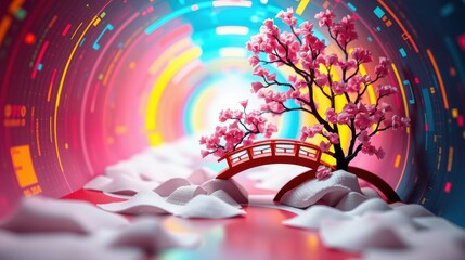 Obraz premium Vibrant scene depicts red bridge, cherry blossoms, glowing tunnel. Clouds surround water, creating surreal landscape. Digital art style.