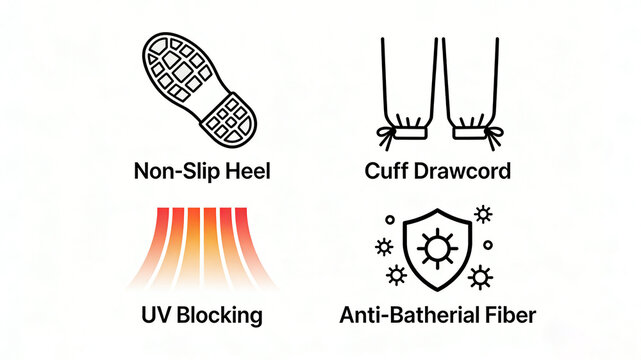 Showcasing non slip heel and cuff drawstrings and antibacterial fibers, representing the integrated protection of shoes and clothing, as well as the functional design concept of sports shoes 