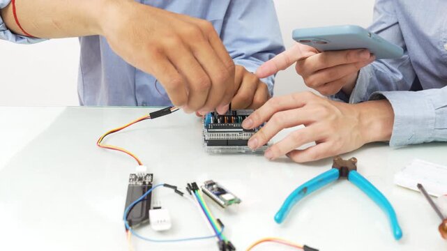 Close-up, Hand man and woman connecting soil moisture sensors to microcontroller