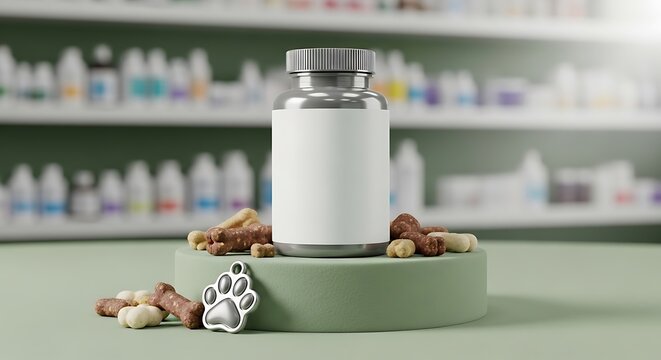 Blank pet supplement bottle with vitamins and paw print charm on a display stand in a veterinary clinic pharmacy