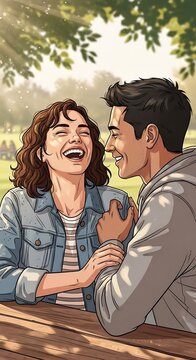 A joyful young couple sharing a happy moment outdoors in a park.